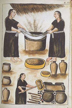 Amerindian women brewing and filtering chicha, Estampe 59, Trujillo del Perú vol II 1790